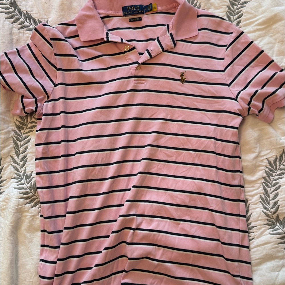 Ralph Lauren Pink 50/1 INTERLOCK S/S POLO SHIRT with Black and White Stripes